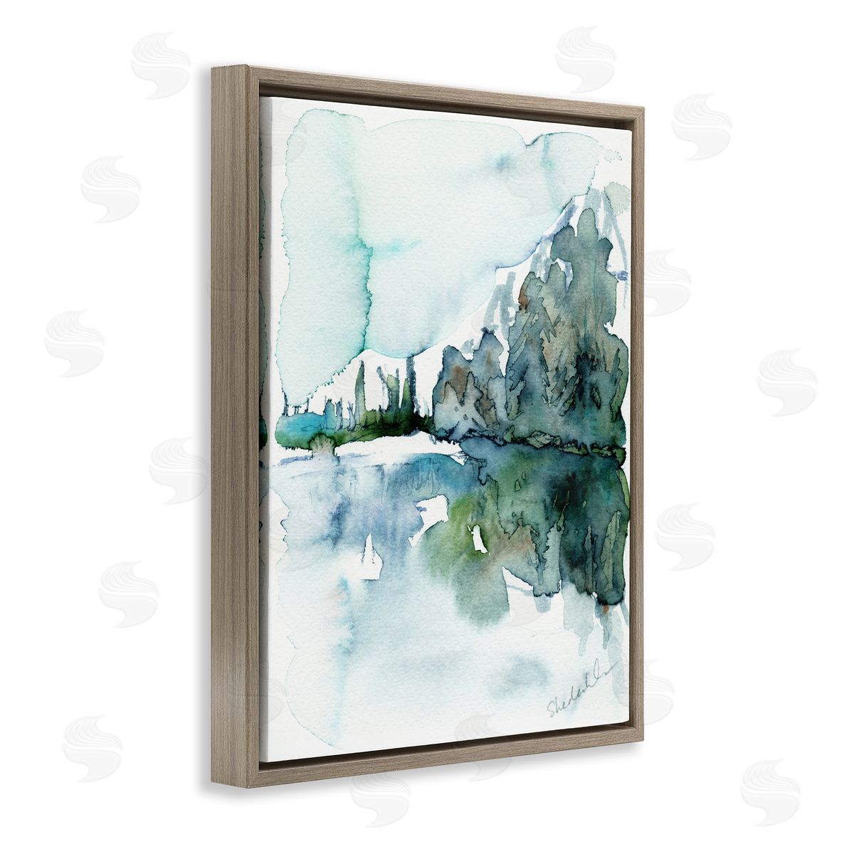 Kendra Shedenhelm Trees Lake Reflection Modern Landscape Watercolor Effect  Brown Floating Frame Canvas Wall Art Print