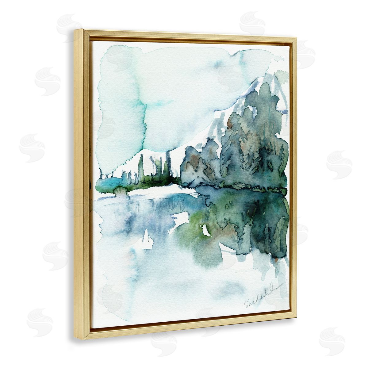 Kendra Shedenhelm Trees Lake Reflection Modern Landscape Watercolor Effect  Gold Floating Frame Canvas Wall Art Print