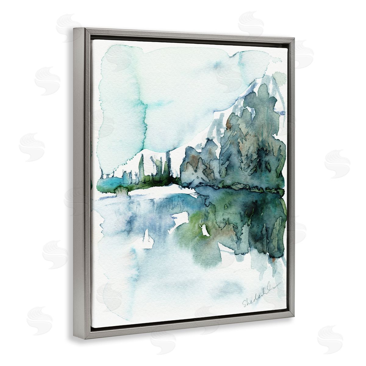 Kendra Shedenhelm Trees Lake Reflection Modern Landscape Watercolor Effect  Gray Floating Frame Canvas Wall Art Print