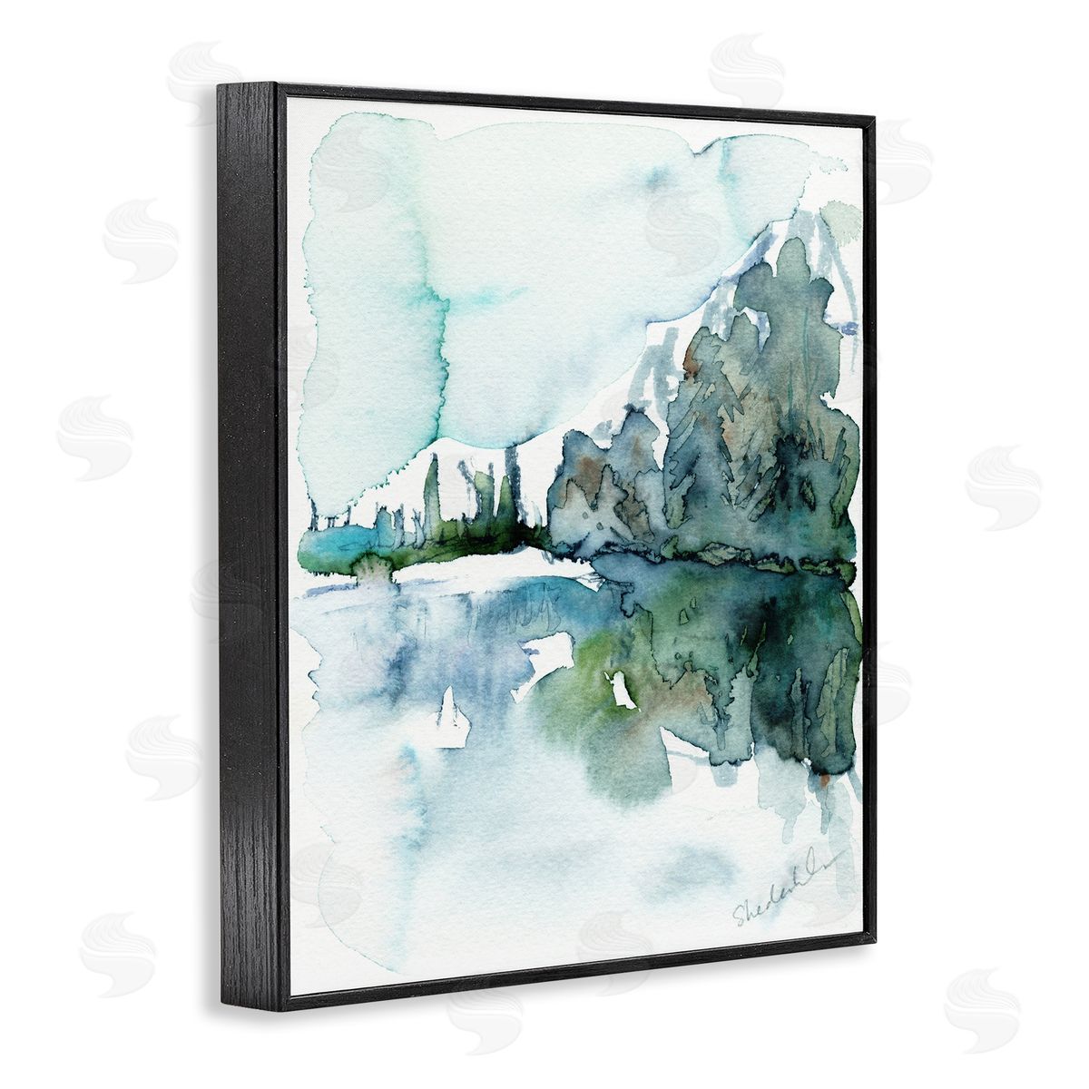 Kendra Shedenhelm Trees Lake Reflection Modern Landscape Watercolor Effect  Black Framed Giclee Wall Art Print