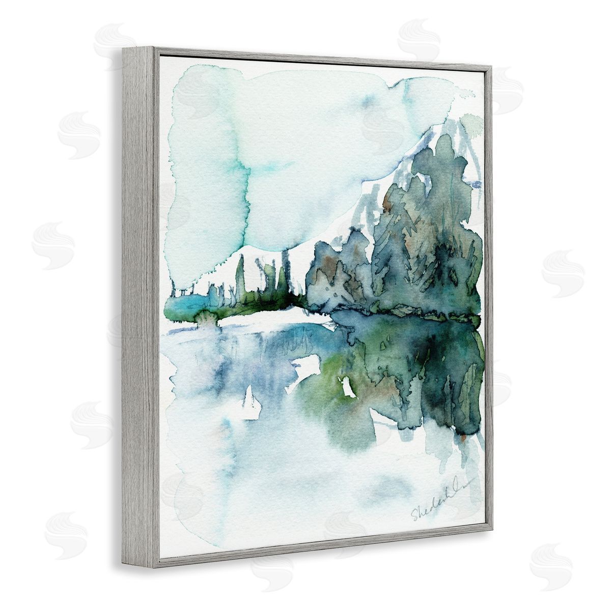 Kendra Shedenhelm Trees Lake Reflection Modern Landscape Watercolor Effect  Gray Framed Giclee Wall Art Print