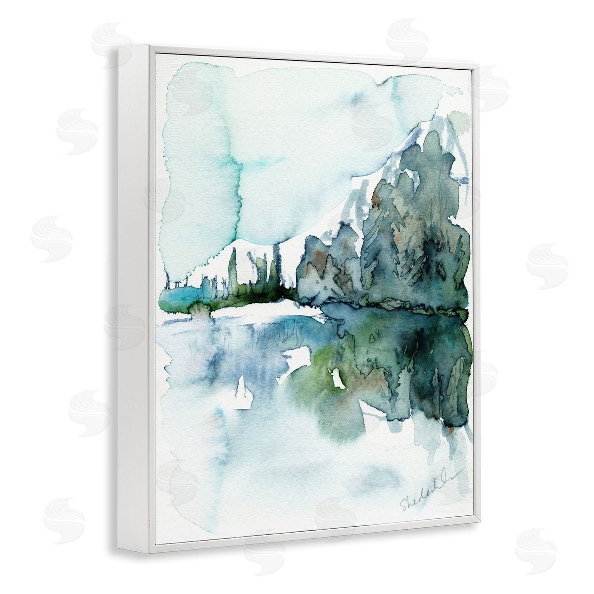 Kendra Shedenhelm Trees Lake Reflection Modern Landscape Watercolor Effect  White Framed Giclee Wall Art Print