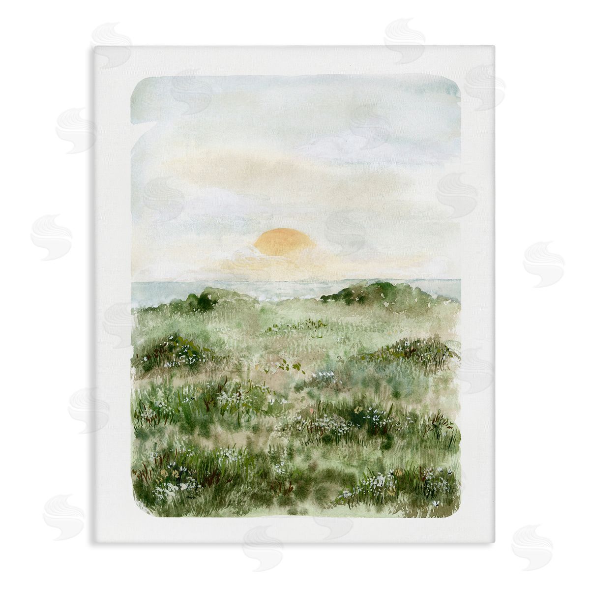 Leah Bisch Grassland Field Sun Peeking Ocean Horizon Stretched Canvas Wall Art Print