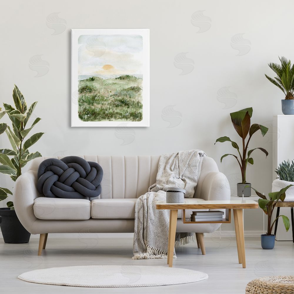 Leah Bisch Grassland Field Sun Peeking Ocean Horizon Canvas Wall Art Print in Room