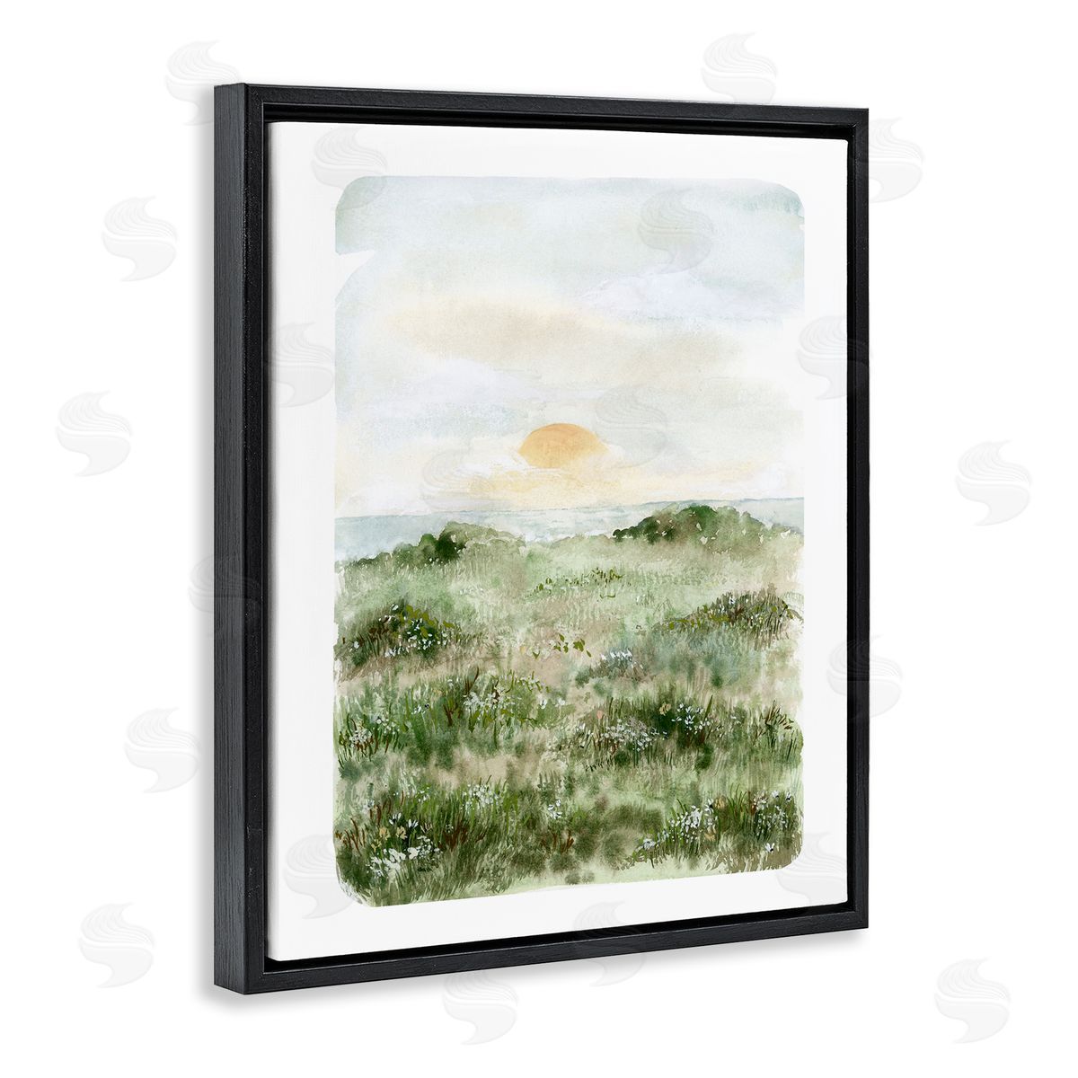 Leah Bisch Grassland Field Sun Peeking Ocean Horizon Black Floating Frame Canvas Wall Art Print