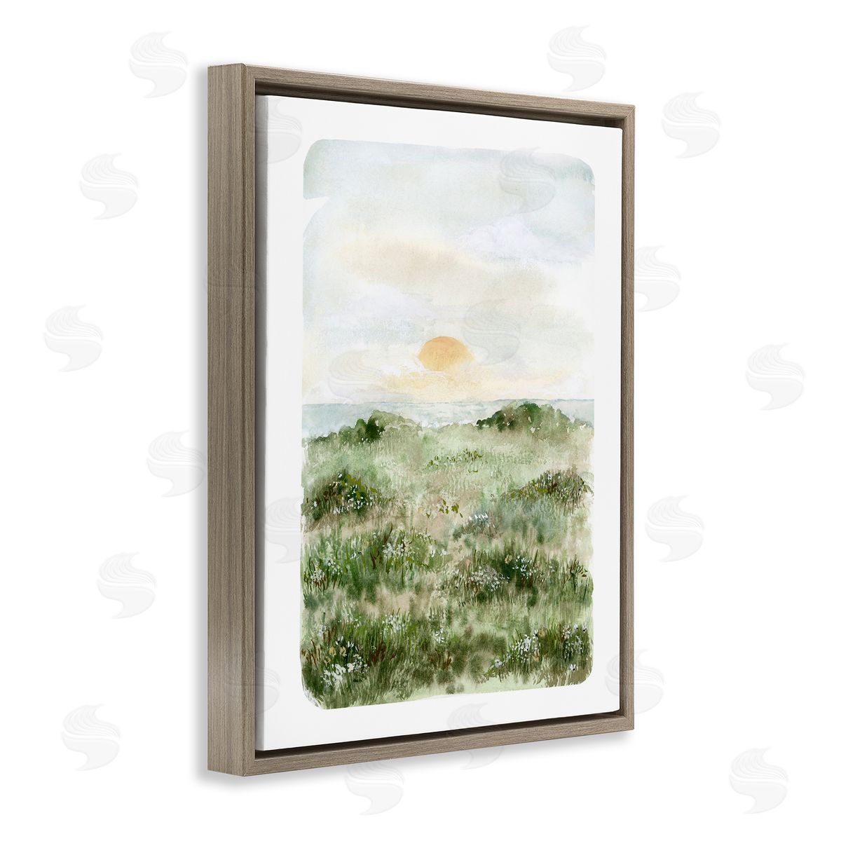 Leah Bisch Grassland Field Sun Peeking Ocean Horizon Brown Floating Frame Canvas Wall Art Print