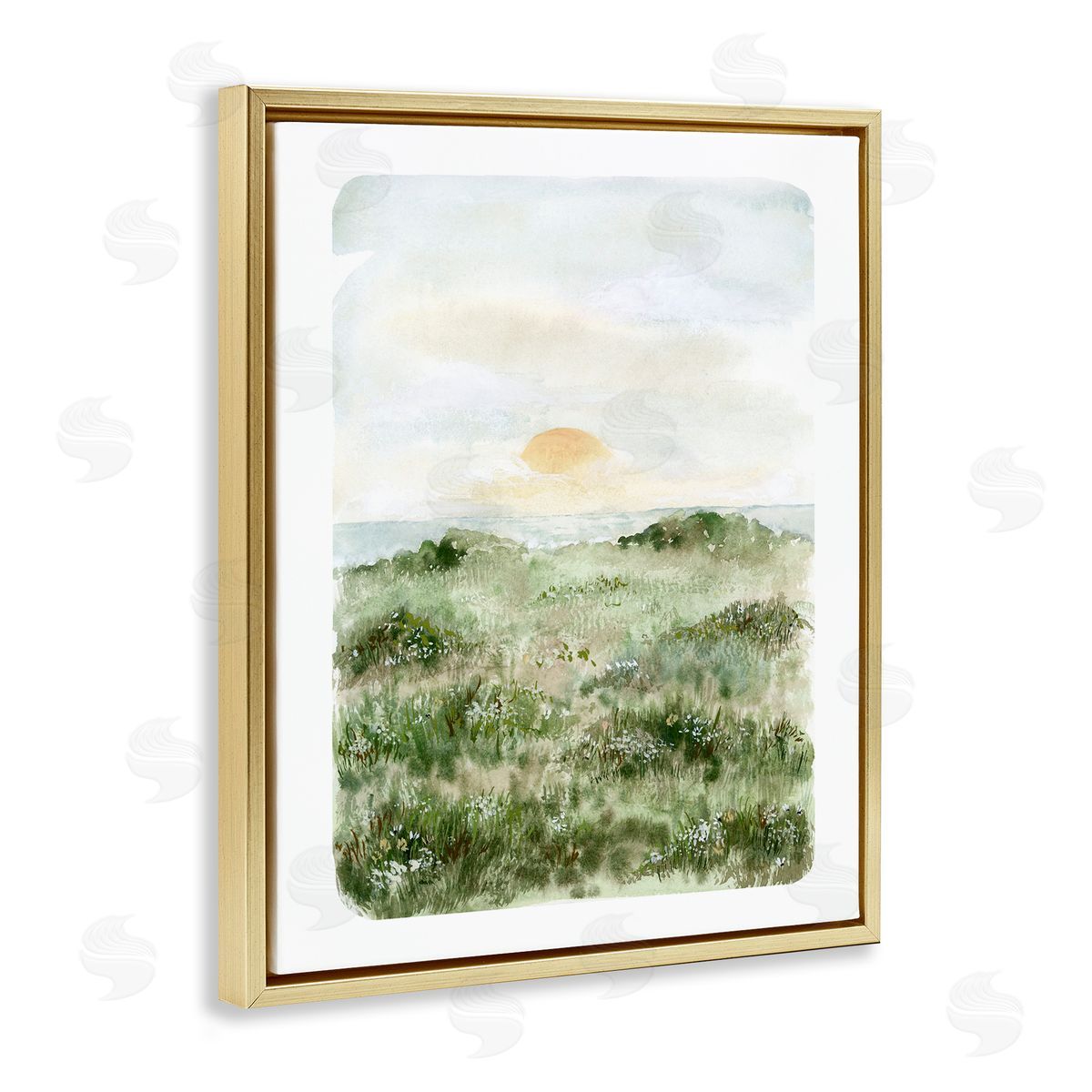 Leah Bisch Grassland Field Sun Peeking Ocean Horizon Gold Floating Frame Canvas Wall Art Print