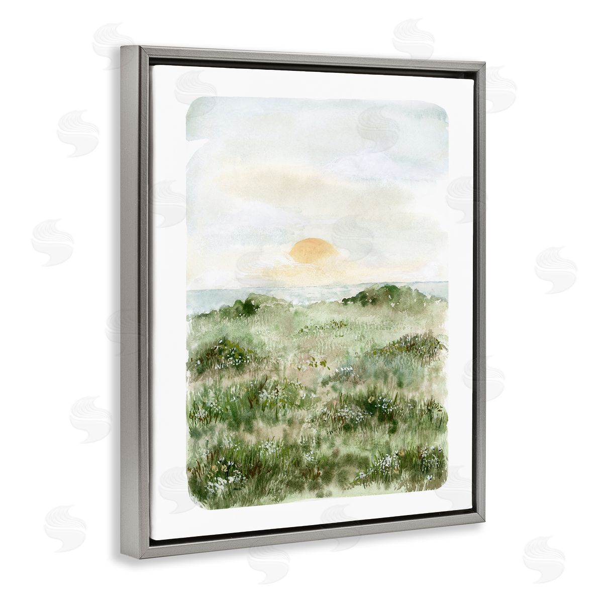 Leah Bisch Grassland Field Sun Peeking Ocean Horizon Gray Floating Frame Canvas Wall Art Print