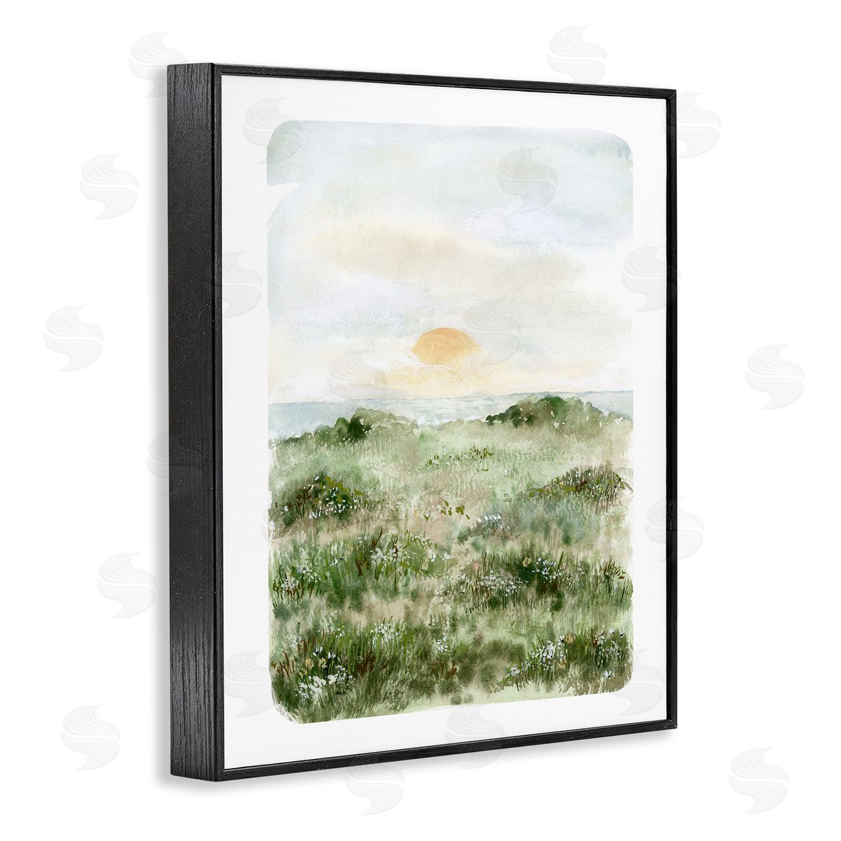 Leah Bisch Grassland Field Sun Peeking Ocean Horizon Black Framed Giclee Wall Art Print