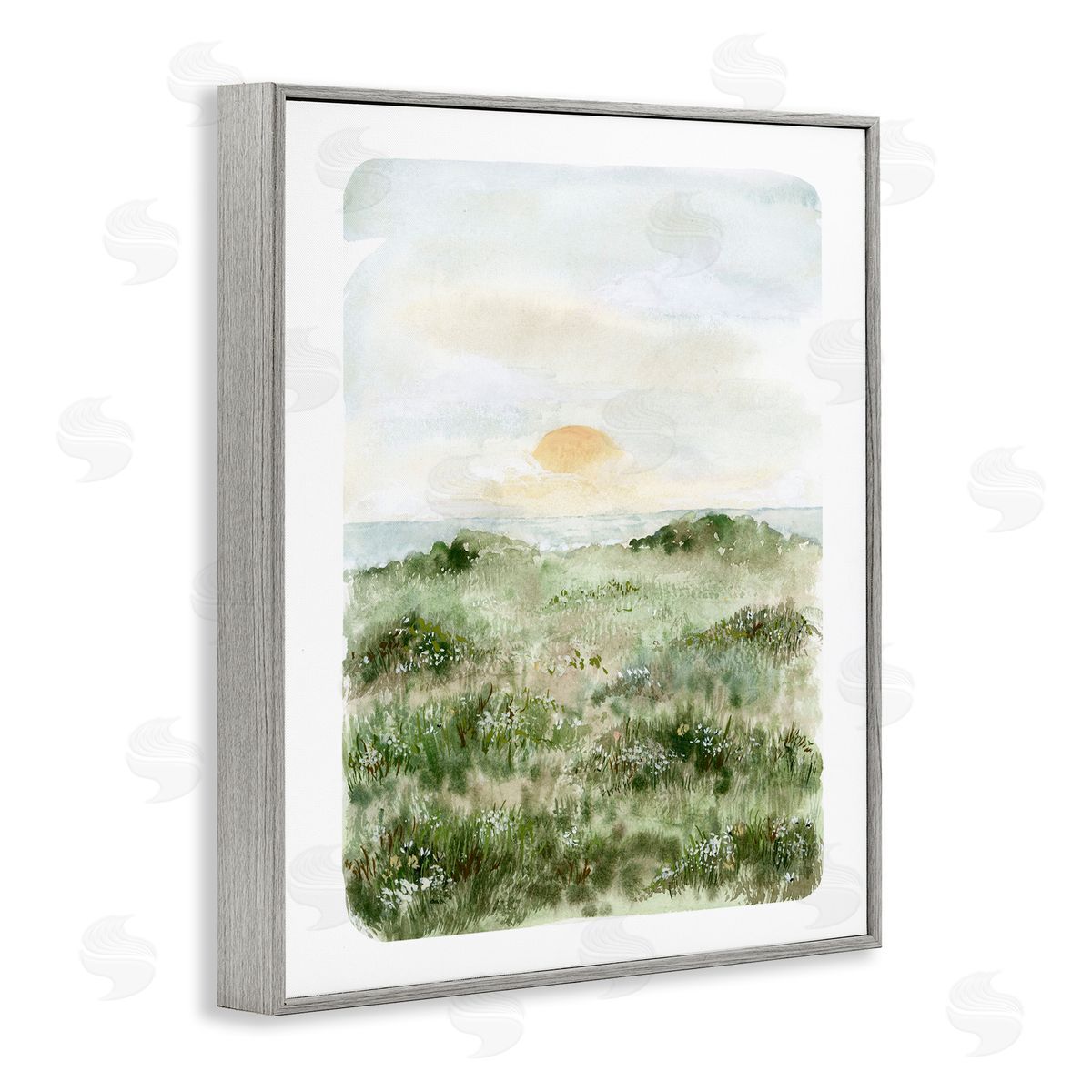 Leah Bisch Grassland Field Sun Peeking Ocean Horizon Gray Framed Giclee Wall Art Print