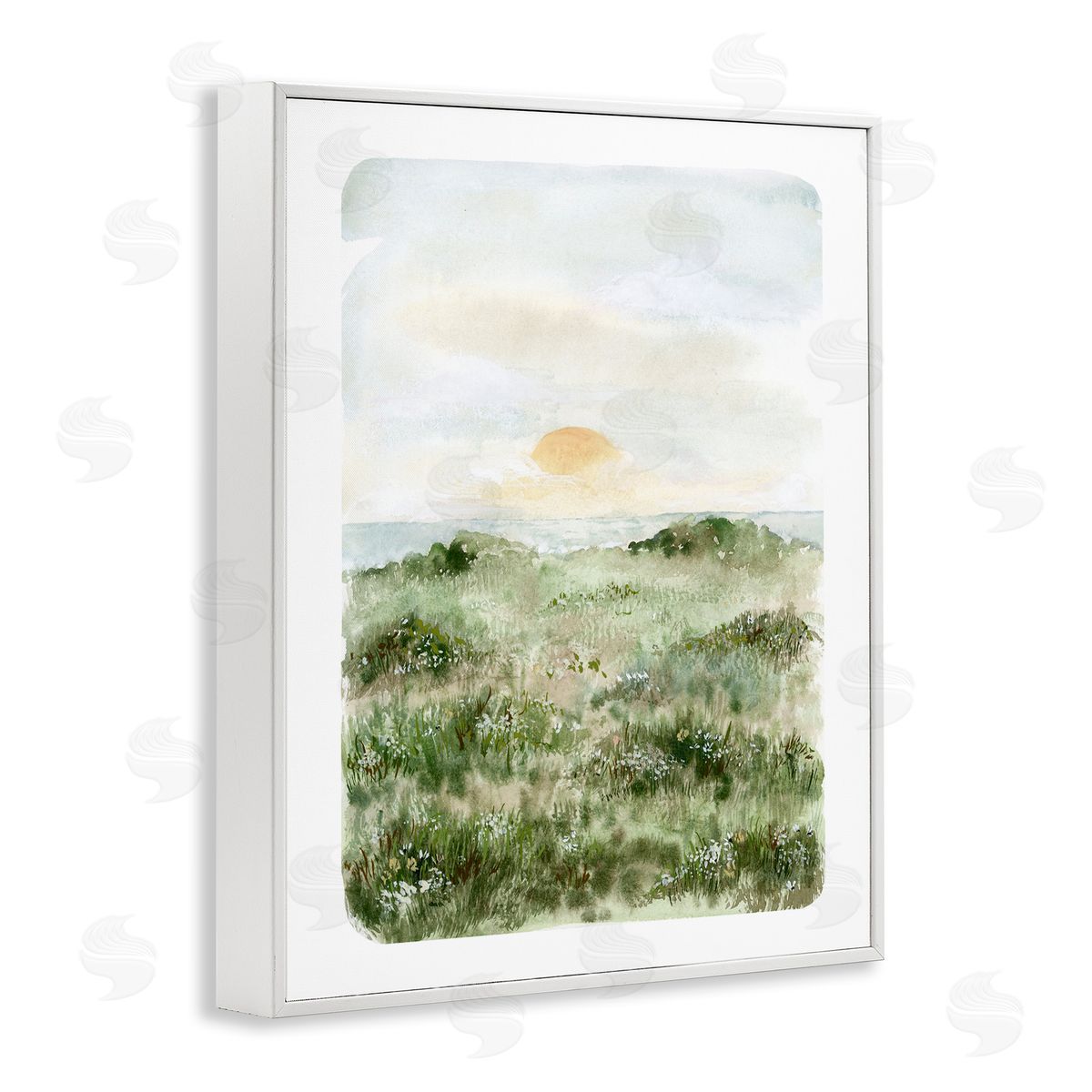 Leah Bisch Grassland Field Sun Peeking Ocean Horizon White Framed Giclee Wall Art Print