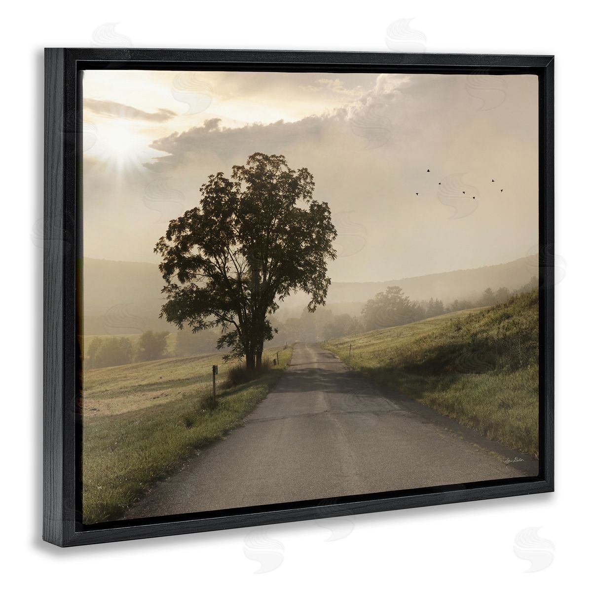 Lori Deiter Lone Tree Quiet Morning Road Rural Landscape  Black Floating Frame Canvas Wall Art Print