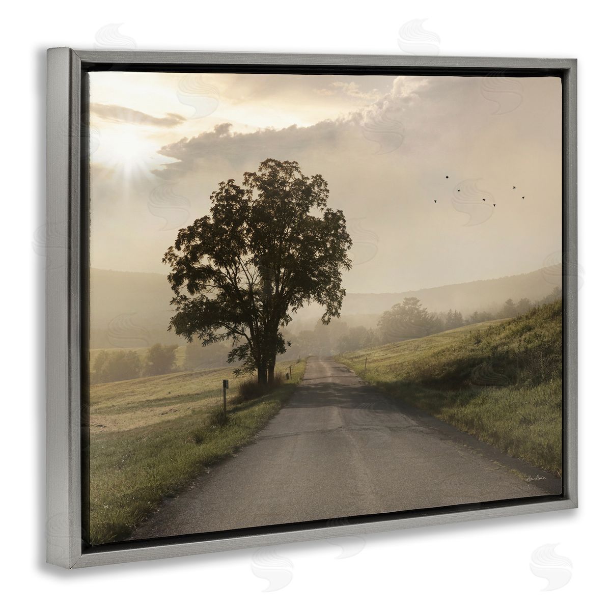Lori Deiter Lone Tree Quiet Morning Road Rural Landscape  Gray Floating Frame Canvas Wall Art Print