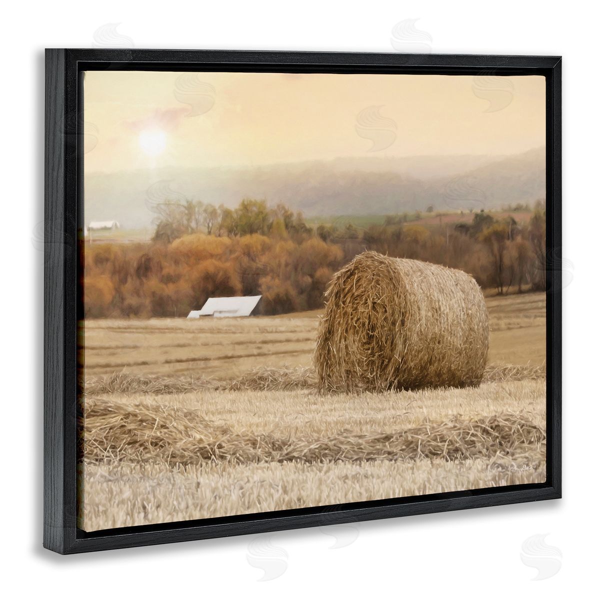 Lori Deiter Rural Haystack Farmland Field Shining Morning Sun Black Floating Frame Canvas Wall Art Print