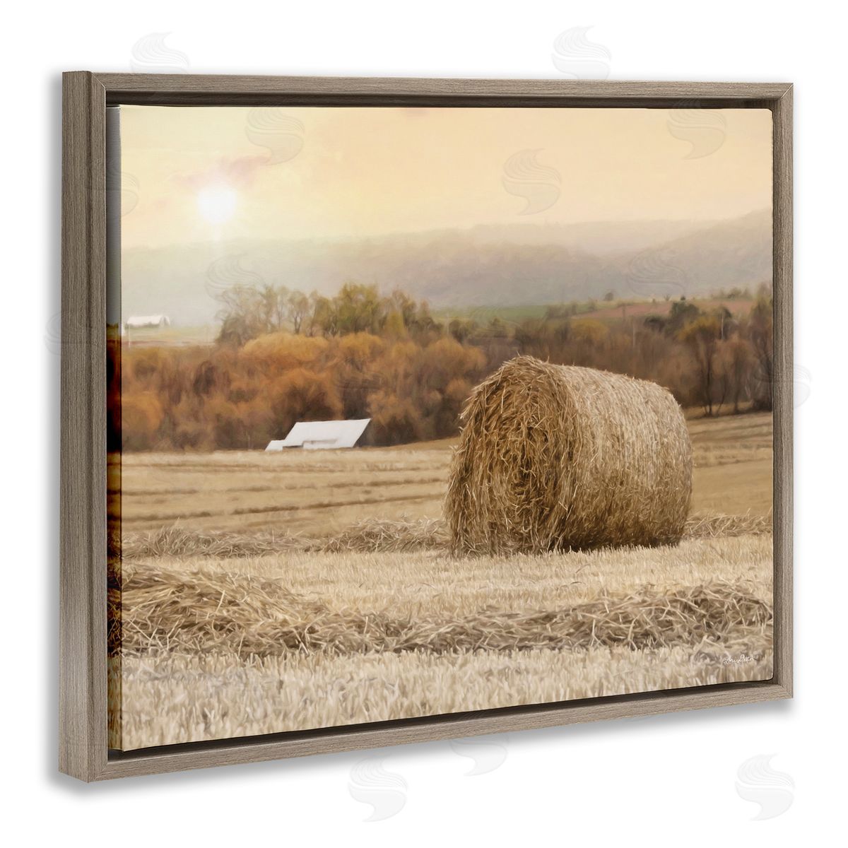 Lori Deiter Rural Haystack Farmland Field Shining Morning Sun Brown Floating Frame Canvas Wall Art Print