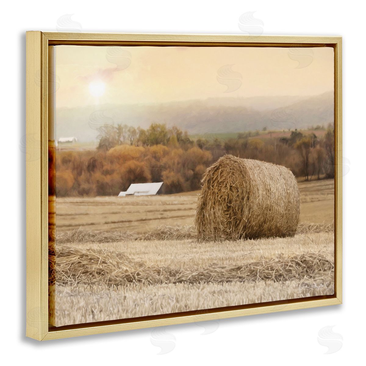 Lori Deiter Rural Haystack Farmland Field Shining Morning Sun Gold Floating Frame Canvas Wall Art Print