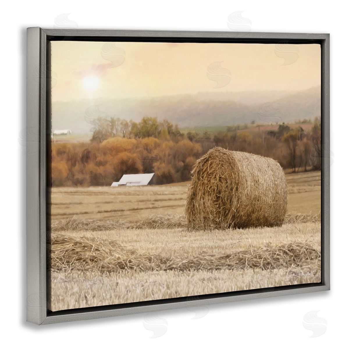 Lori Deiter Rural Haystack Farmland Field Shining Morning Sun Gray Floating Frame Canvas Wall Art Print