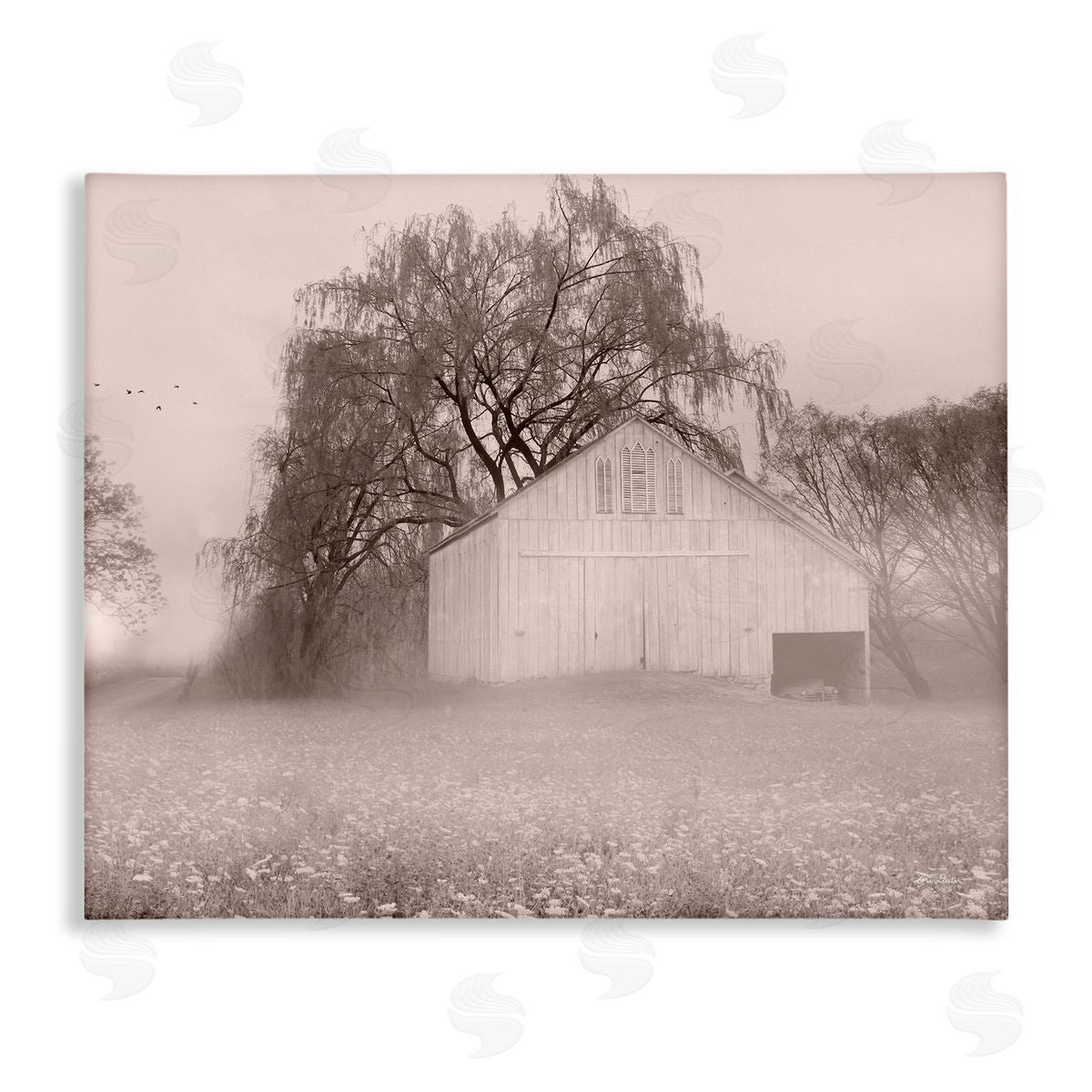 Lori Deiter Quaint Wildflower Meadow Countryside Barn Farmland Fog Stretched Canvas Wall Art Print
