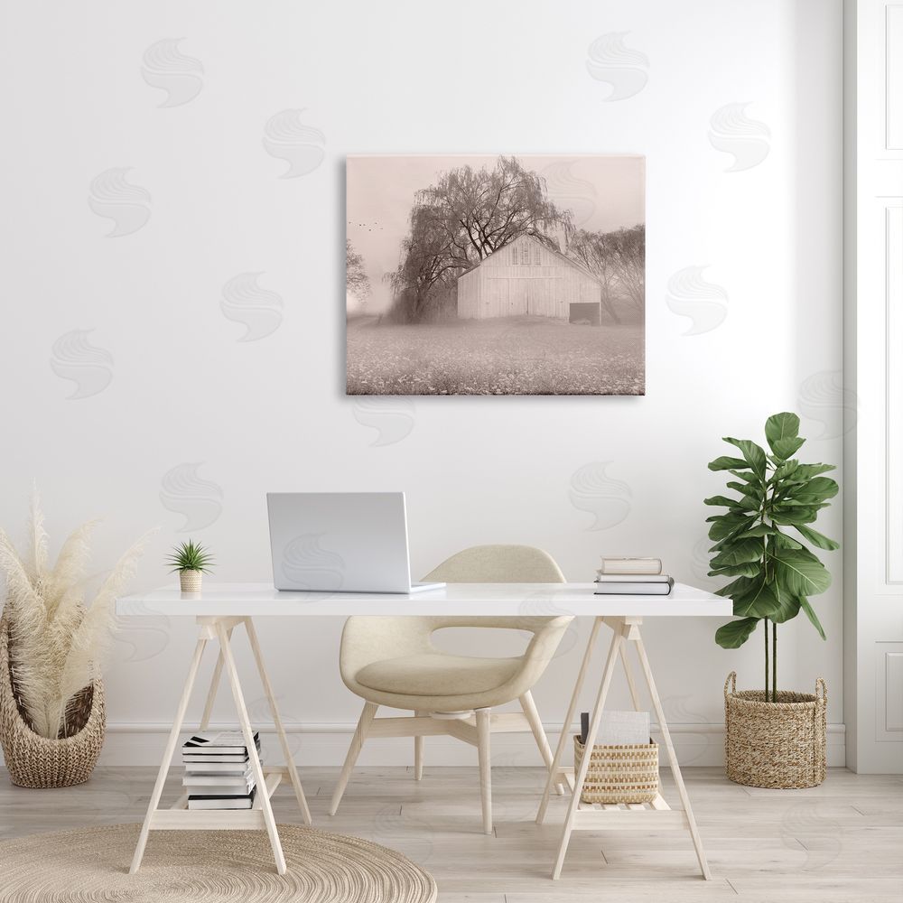 Lori Deiter Quaint Wildflower Meadow Countryside Barn Farmland Fog Canvas Wall Art Print in Room