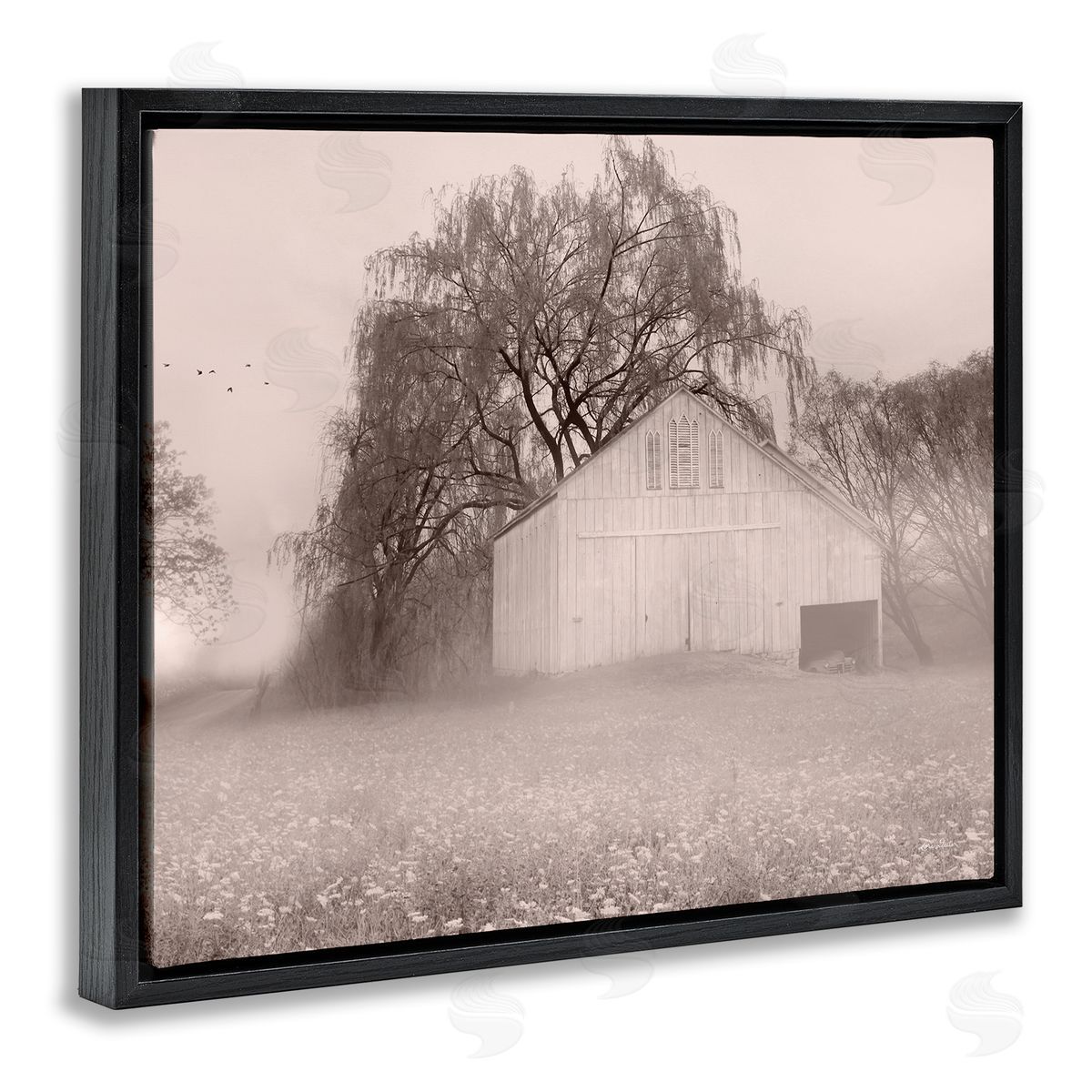 Lori Deiter Quaint Wildflower Meadow Countryside Barn Farmland Fog Black Floating Frame Canvas Wall Art Print