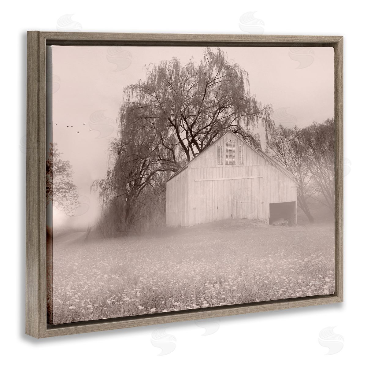 Lori Deiter Quaint Wildflower Meadow Countryside Barn Farmland Fog Brown Floating Frame Canvas Wall Art Print