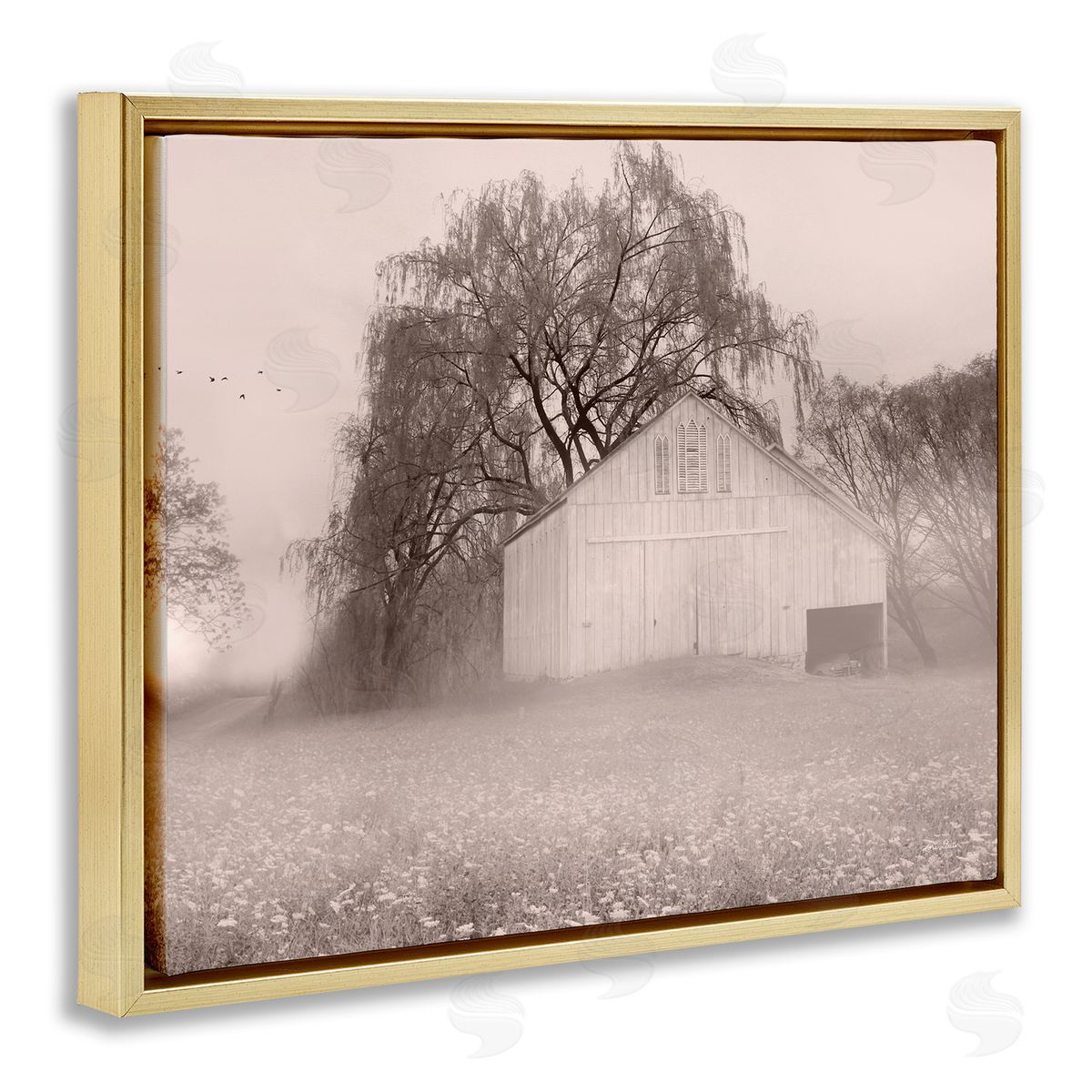 Lori Deiter Quaint Wildflower Meadow Countryside Barn Farmland Fog Gold Floating Frame Canvas Wall Art Print