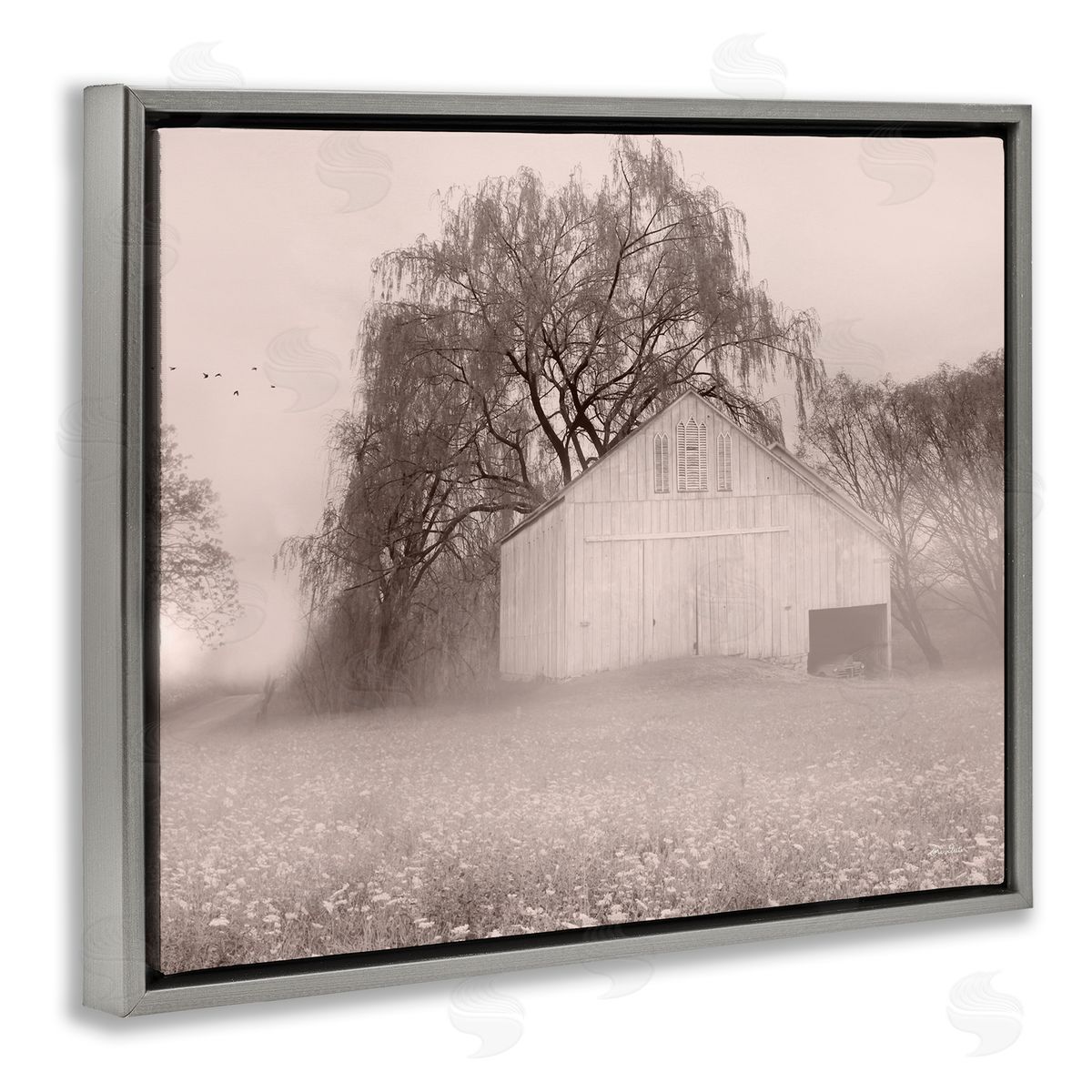 Lori Deiter Quaint Wildflower Meadow Countryside Barn Farmland Fog Gray Floating Frame Canvas Wall Art Print