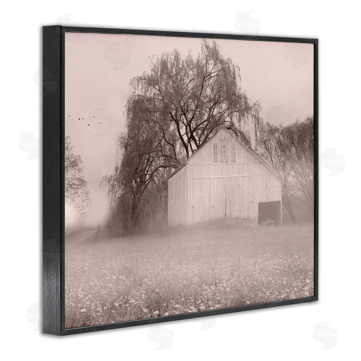 Lori Deiter Quaint Wildflower Meadow Countryside Barn Farmland Fog Black Framed Giclee Wall Art Print