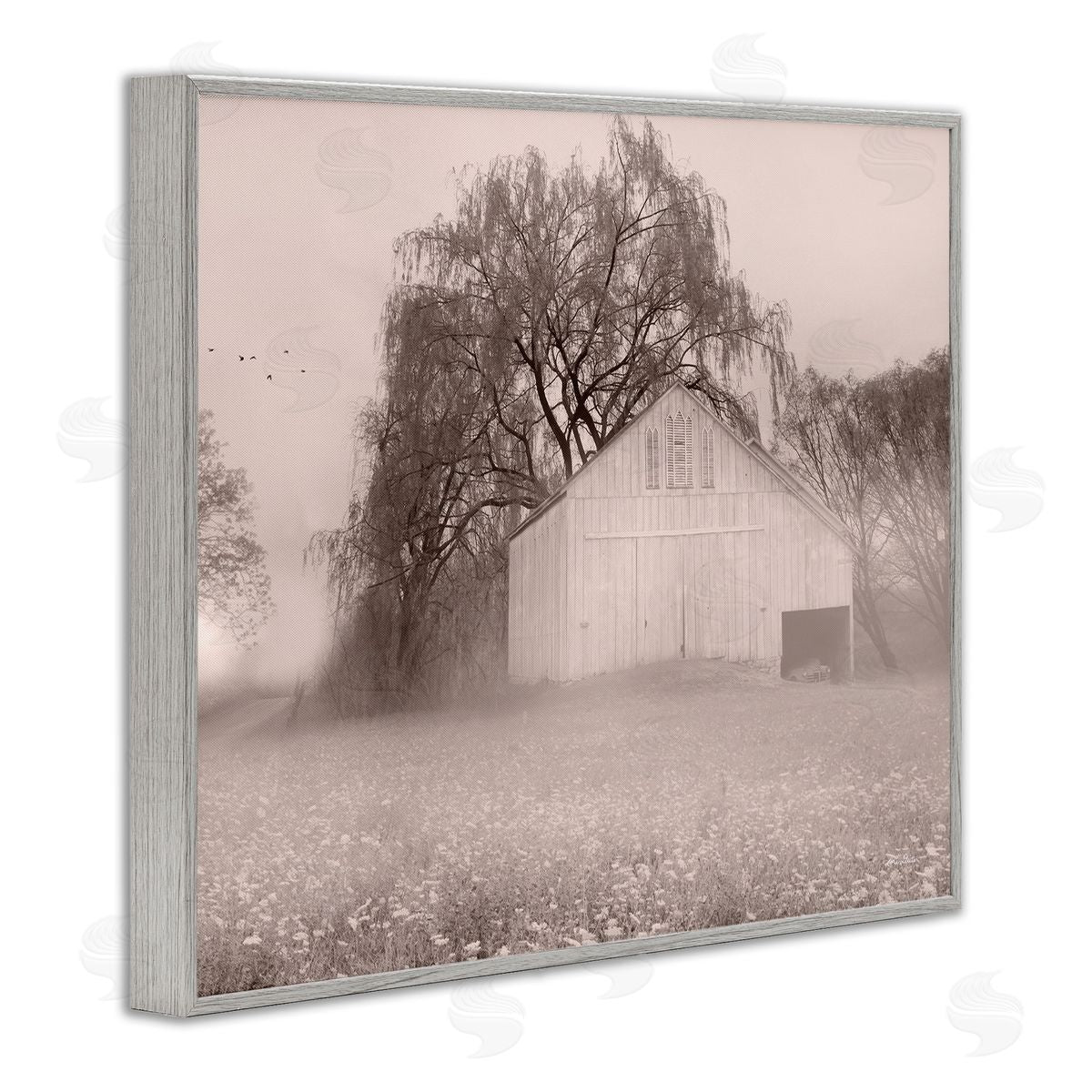 Lori Deiter Quaint Wildflower Meadow Countryside Barn Farmland Fog Gray Framed Giclee Wall Art Print