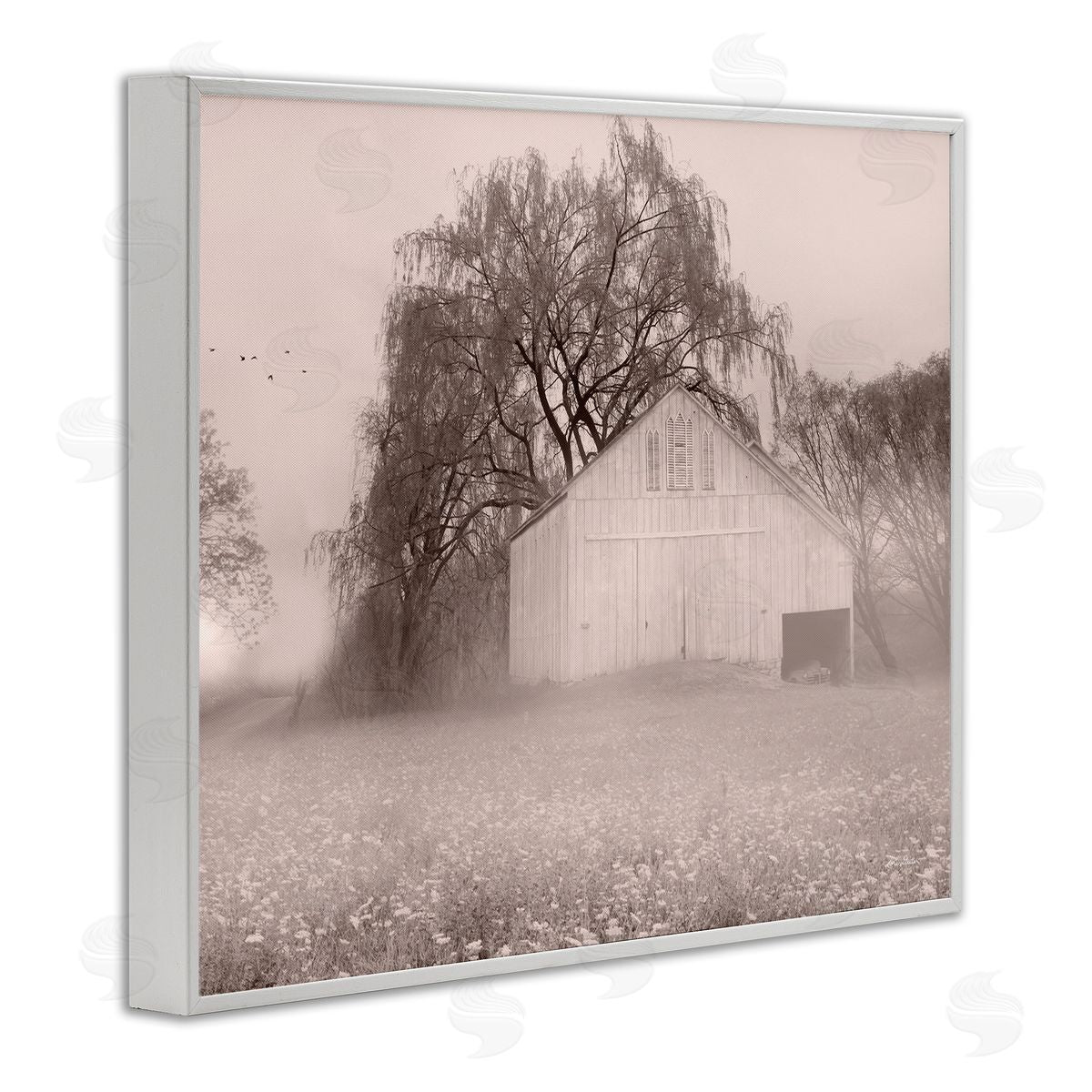 Lori Deiter Quaint Wildflower Meadow Countryside Barn Farmland Fog White Framed Giclee Wall Art Print