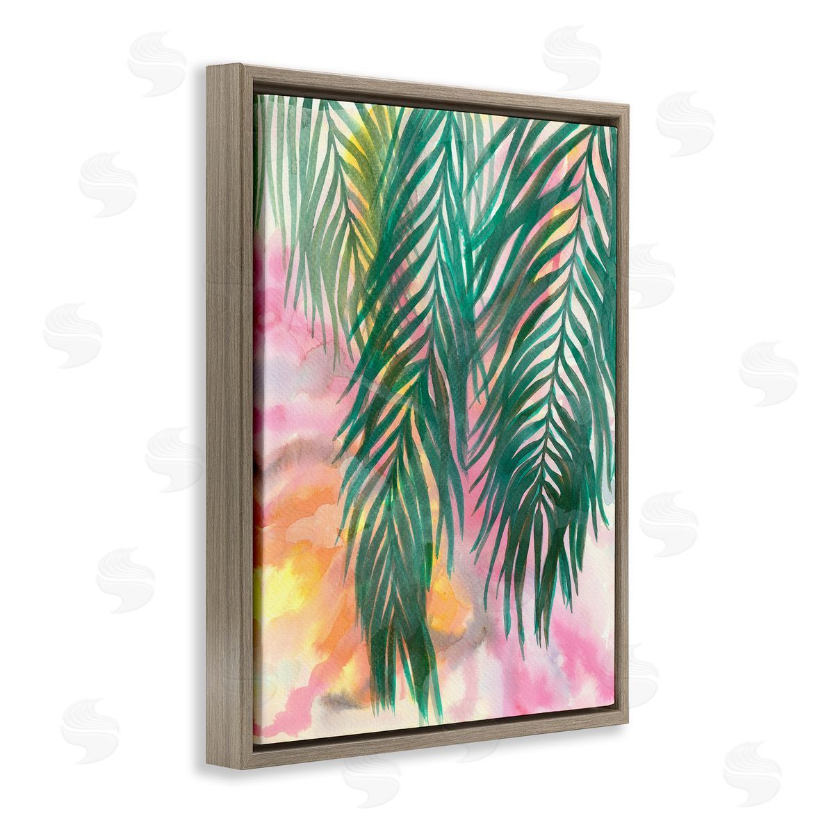 Elvira Errico Hanging Palms Tropical Plant Pink Watercolor Effect Brown Floating Frame Canvas Wall Art Print