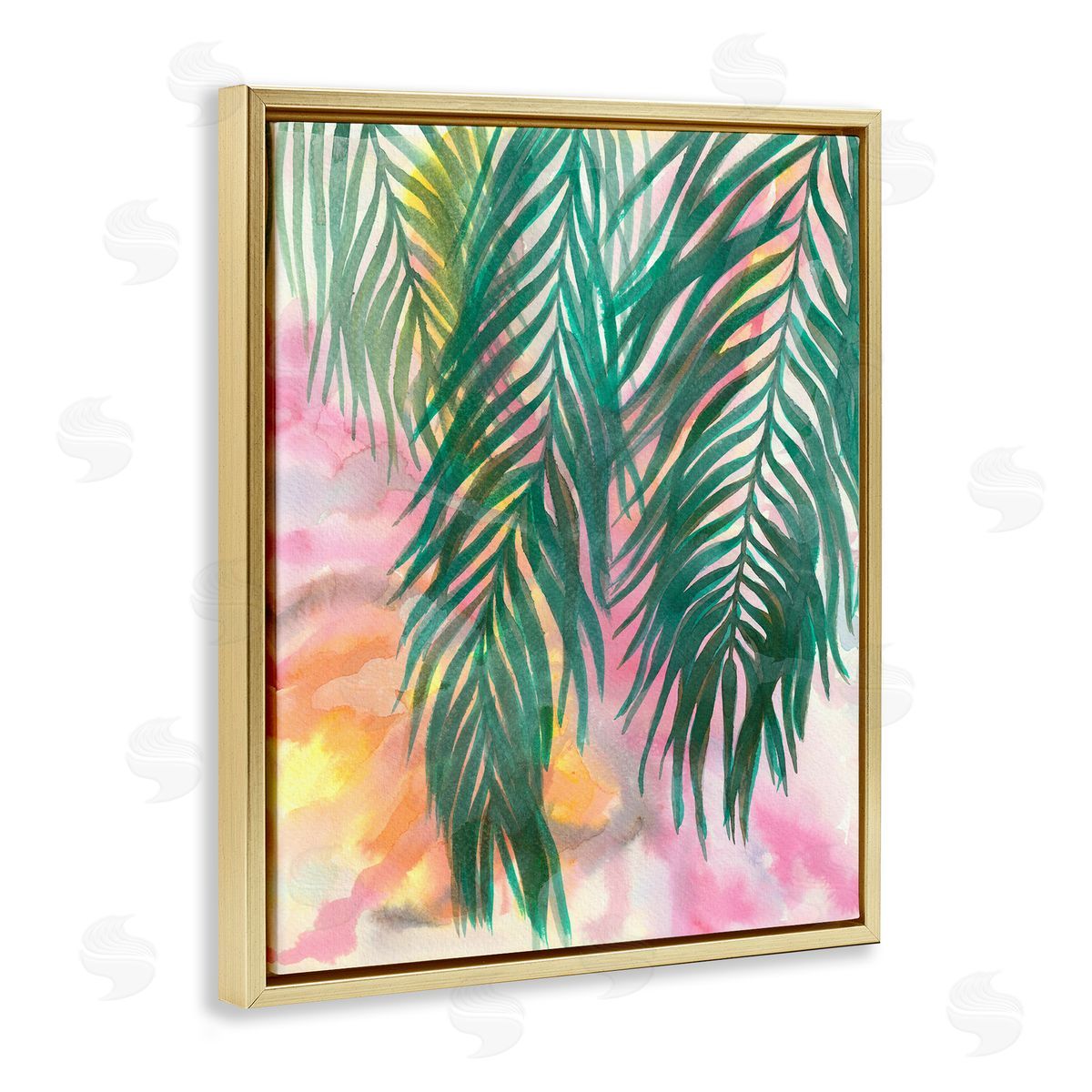 Elvira Errico Hanging Palms Tropical Plant Pink Watercolor Effect Gold Floating Frame Canvas Wall Art Print