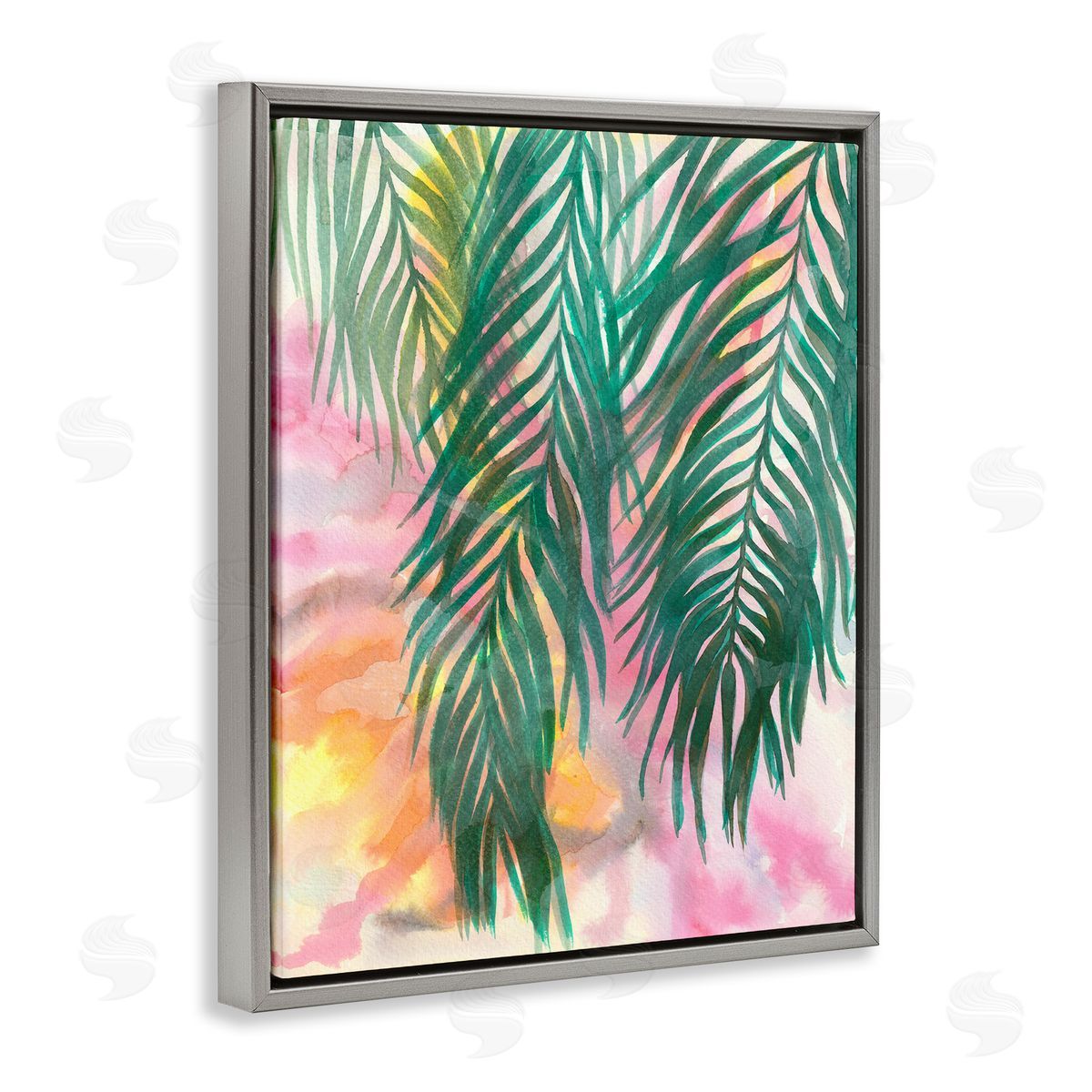 Elvira Errico Hanging Palms Tropical Plant Pink Watercolor Effect Gray Floating Frame Canvas Wall Art Print