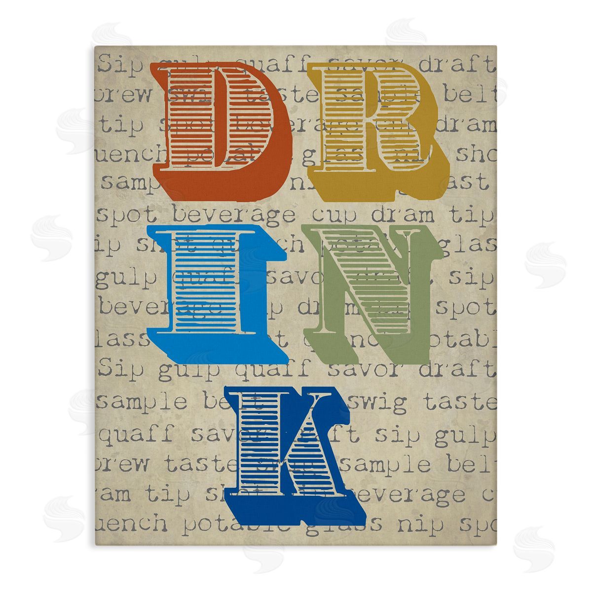 Graffitee Studios Drink Antique Stamp Typography Kitchen Words Stretched Canvas Wall Art Print