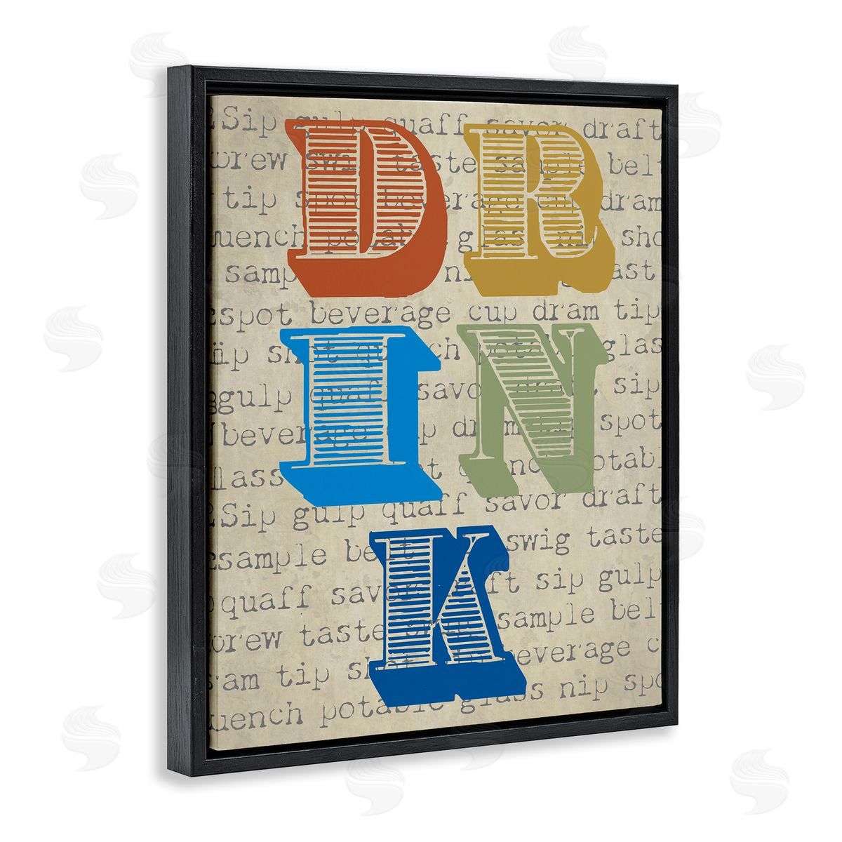 Graffitee Studios Drink Antique Stamp Typography Kitchen Words Black Floating Frame Canvas Wall Art Print