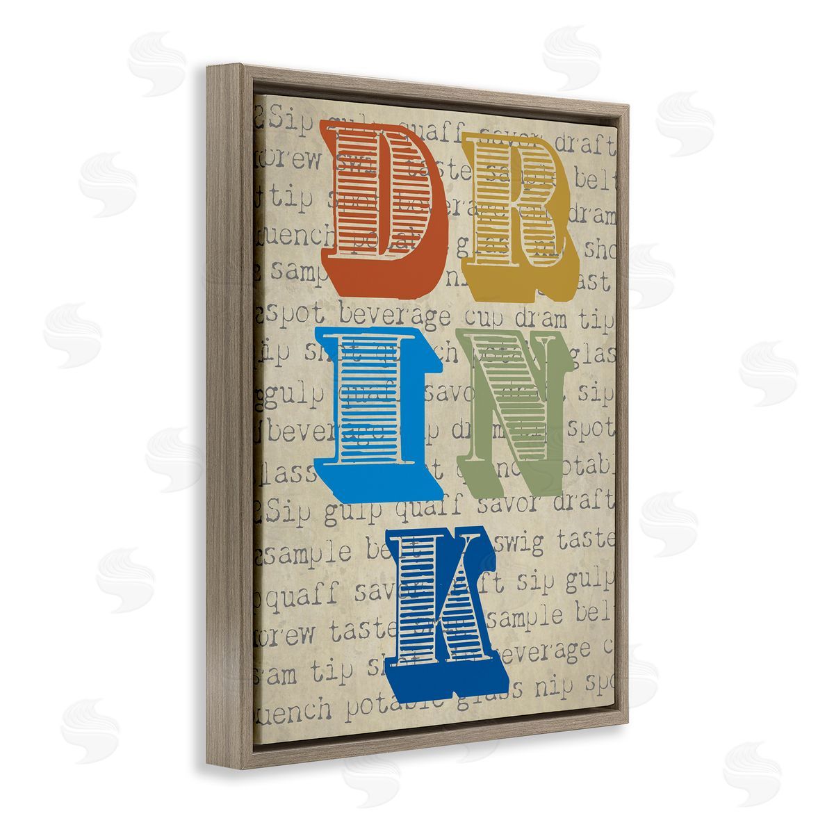 Graffitee Studios Drink Antique Stamp Typography Kitchen Words Brown Floating Frame Canvas Wall Art Print