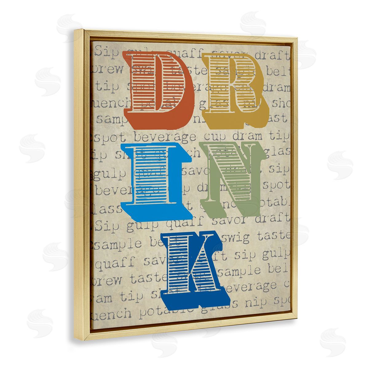 Graffitee Studios Drink Antique Stamp Typography Kitchen Words Gold Floating Frame Canvas Wall Art Print