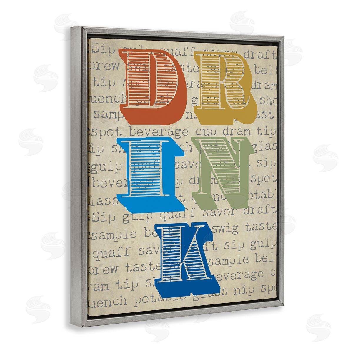 Graffitee Studios Drink Antique Stamp Typography Kitchen Words Gray Floating Frame Canvas Wall Art Print