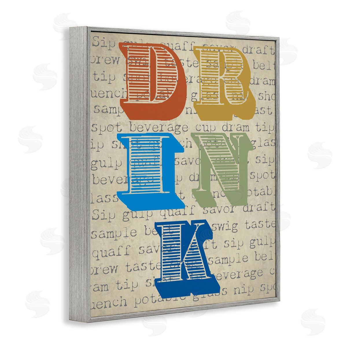 Graffitee Studios Drink Antique Stamp Typography Kitchen Words Gray Framed Giclee Wall Art Print