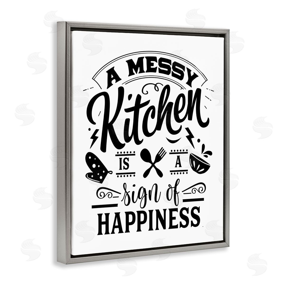 Lettered and Lined Kitchen Happiness Retro Casual Silverware Gray Floating Frame Canvas Wall Art Print