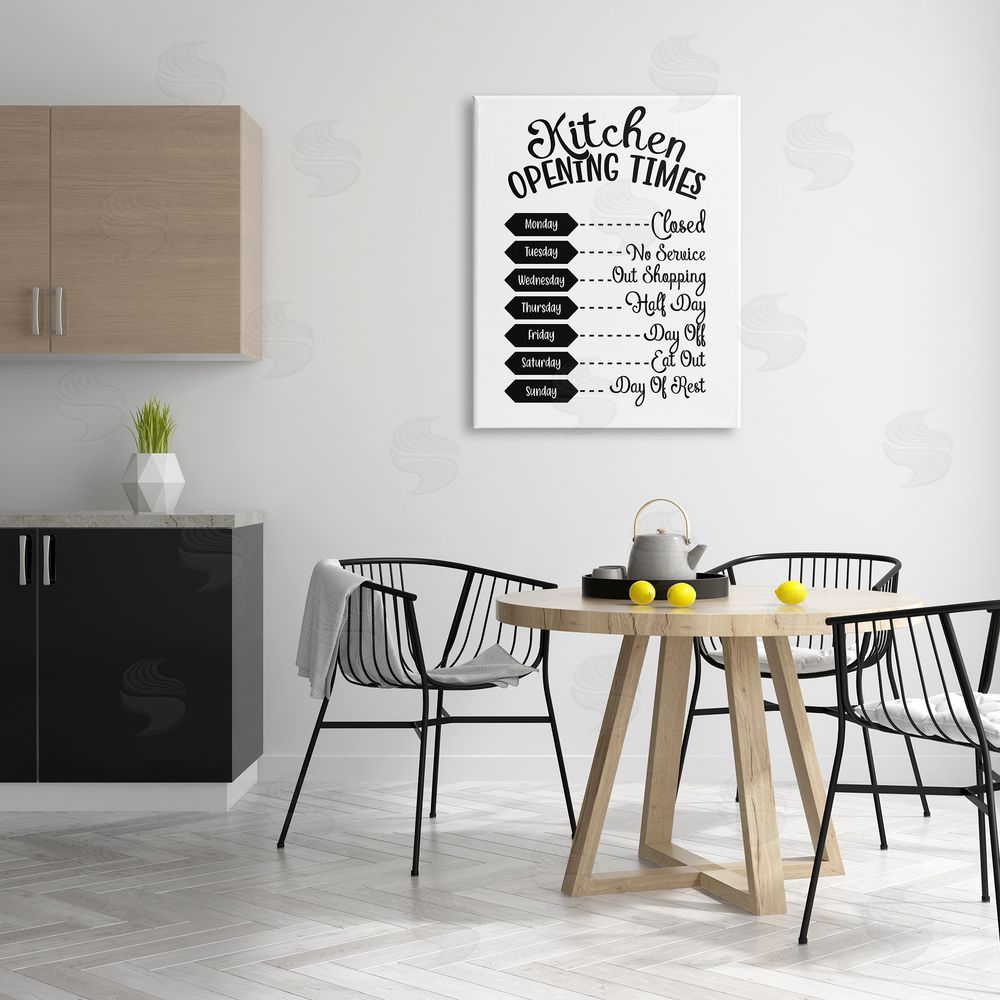 Lettered and Lined Kitchen Opening Times Humorous Antique Text  Canvas Wall Art Print in Room