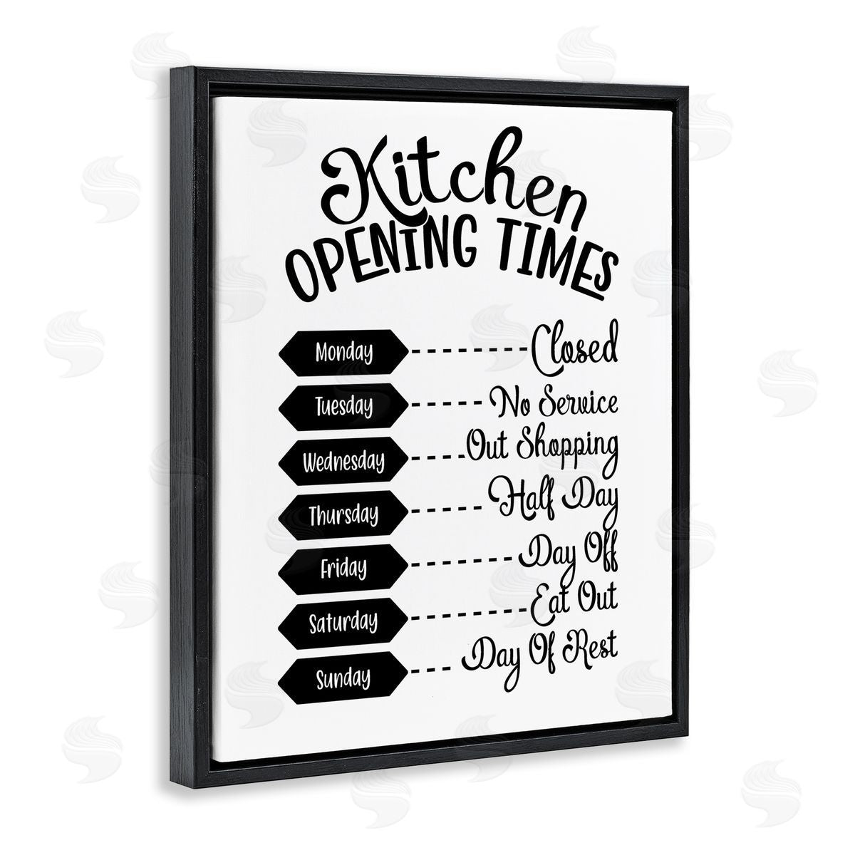 Lettered and Lined Kitchen Opening Times Humorous Antique Text  Black Floating Frame Canvas Wall Art Print