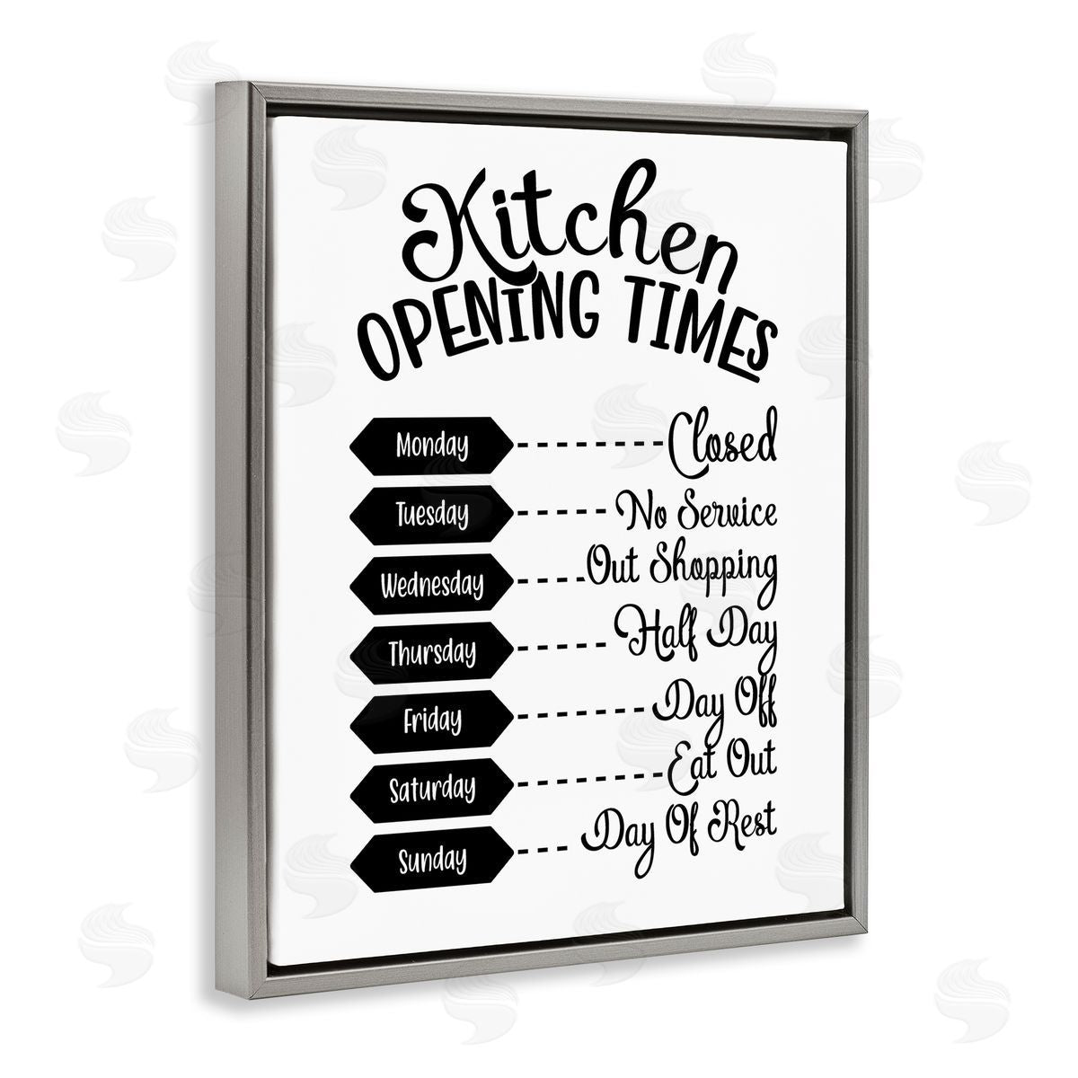 Lettered and Lined Kitchen Opening Times Humorous Antique Text  Gray Floating Frame Canvas Wall Art Print