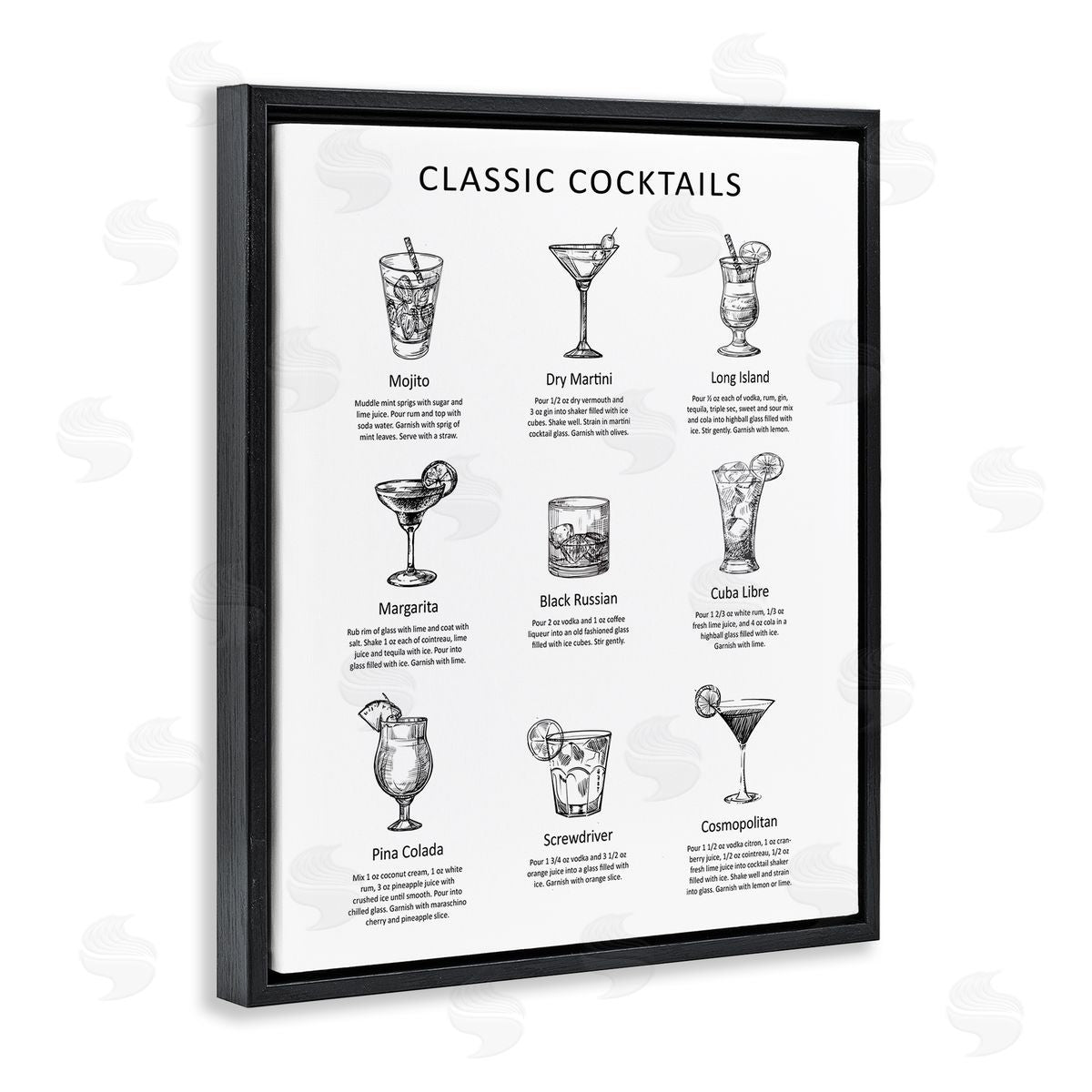 Lettered and Lined Classic Cocktails Mixed Drinks Kitchen Bar Sign Chart Black Floating Frame Canvas Wall Art Print