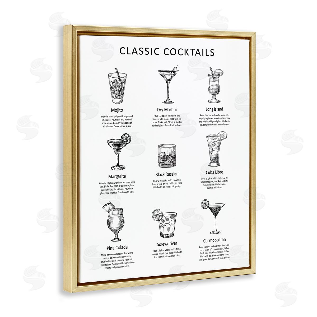 Lettered and Lined Classic Cocktails Mixed Drinks Kitchen Bar Sign Chart Gold Floating Frame Canvas Wall Art Print
