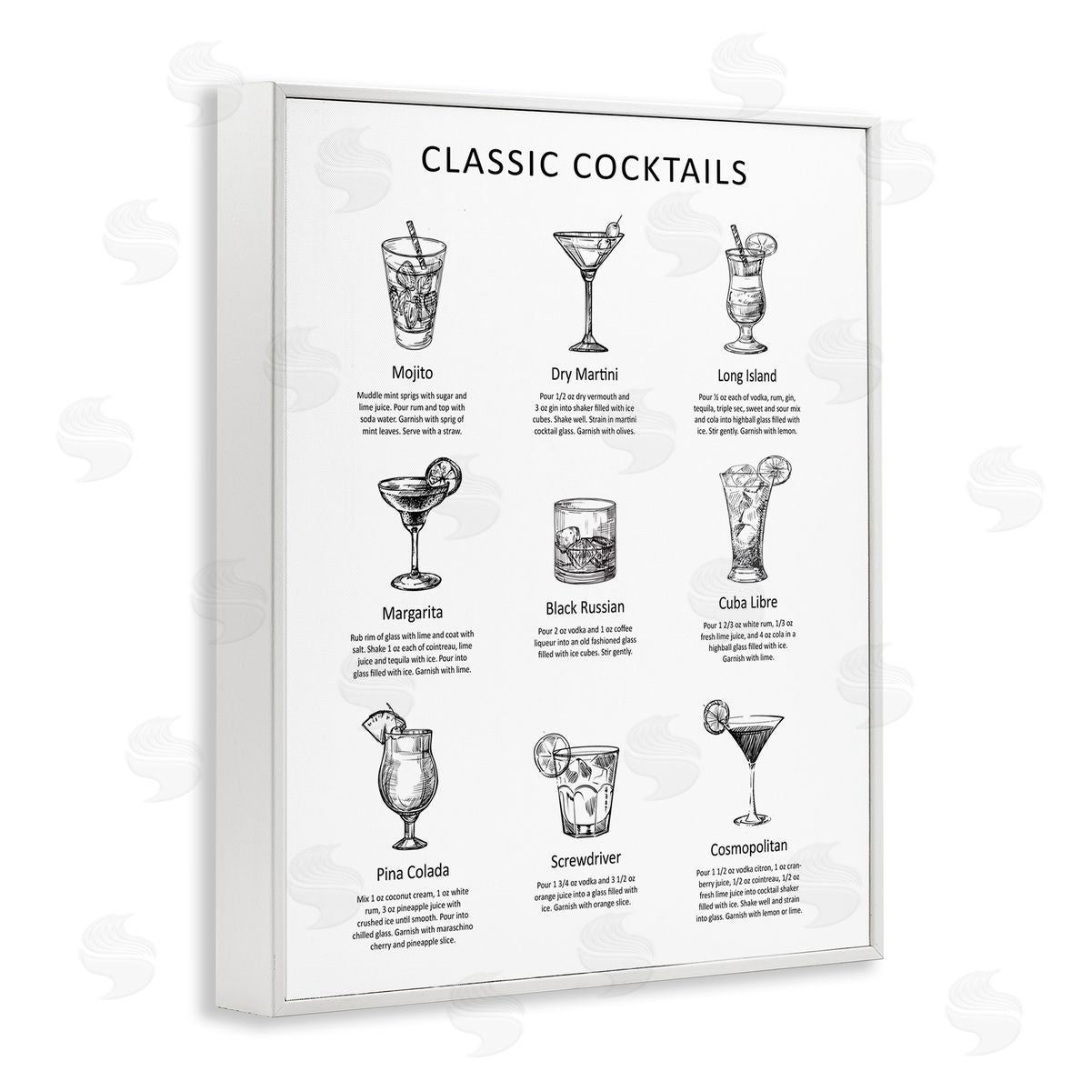 Lettered and Lined Classic Cocktails Mixed Drinks Kitchen Bar Sign Chart White Framed Giclee Wall Art Print