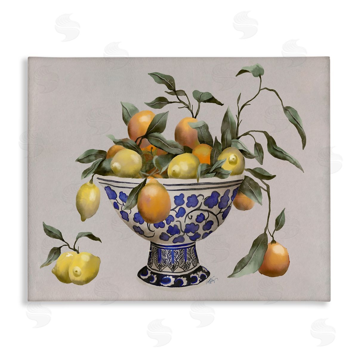 Elizabeth Medley Mixed Citrus Fruits Leaves Patterned Pottery Bowl Stretched Canvas Wall Art Print
