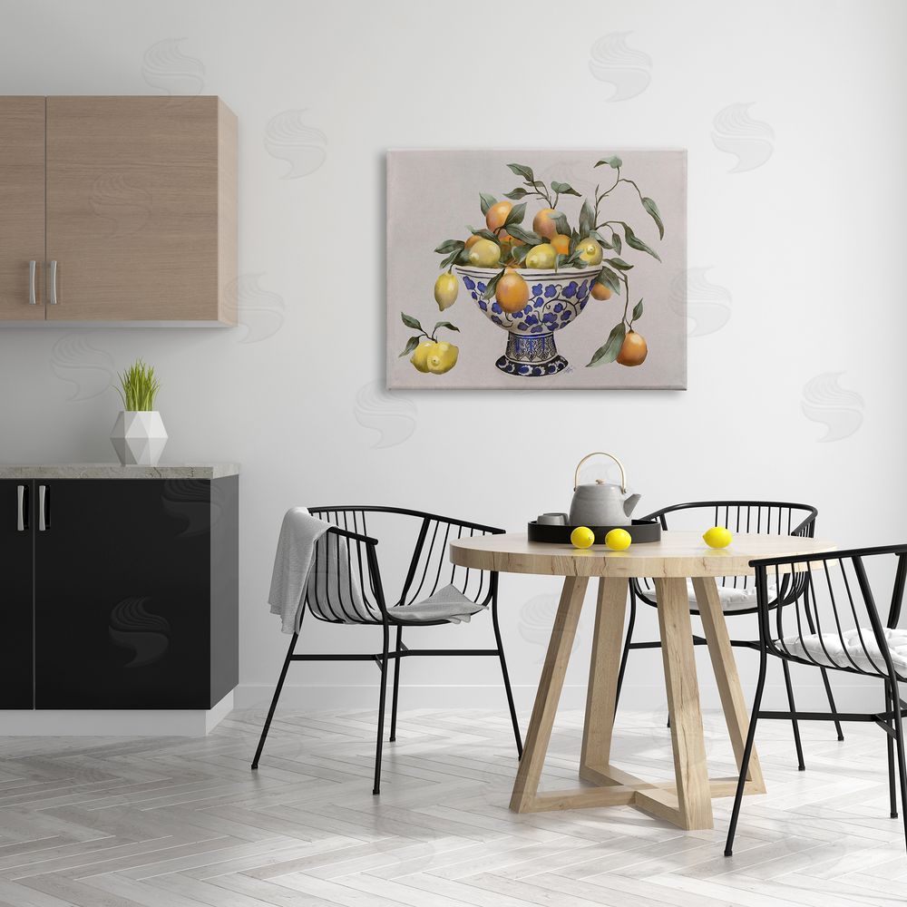 Elizabeth Medley Mixed Citrus Fruits Leaves Patterned Pottery Bowl Canvas Wall Art Print in Room