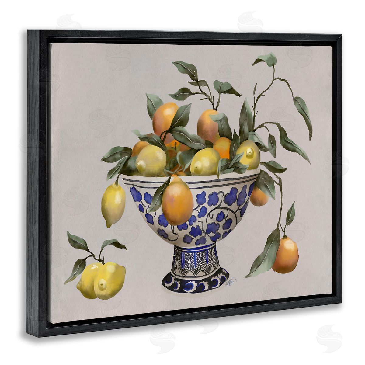 Elizabeth Medley Mixed Citrus Fruits Leaves Patterned Pottery Bowl Black Floating Frame Canvas Wall Art Print