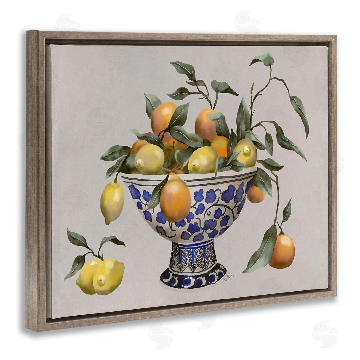 Elizabeth Medley Mixed Citrus Fruits Leaves Patterned Pottery Bowl Brown Floating Frame Canvas Wall Art Print
